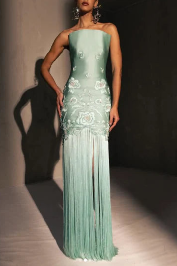 Fancy Green Satin Strapless Fringe Hem Long Prom Dress Evening Dress With Floral Embroidery