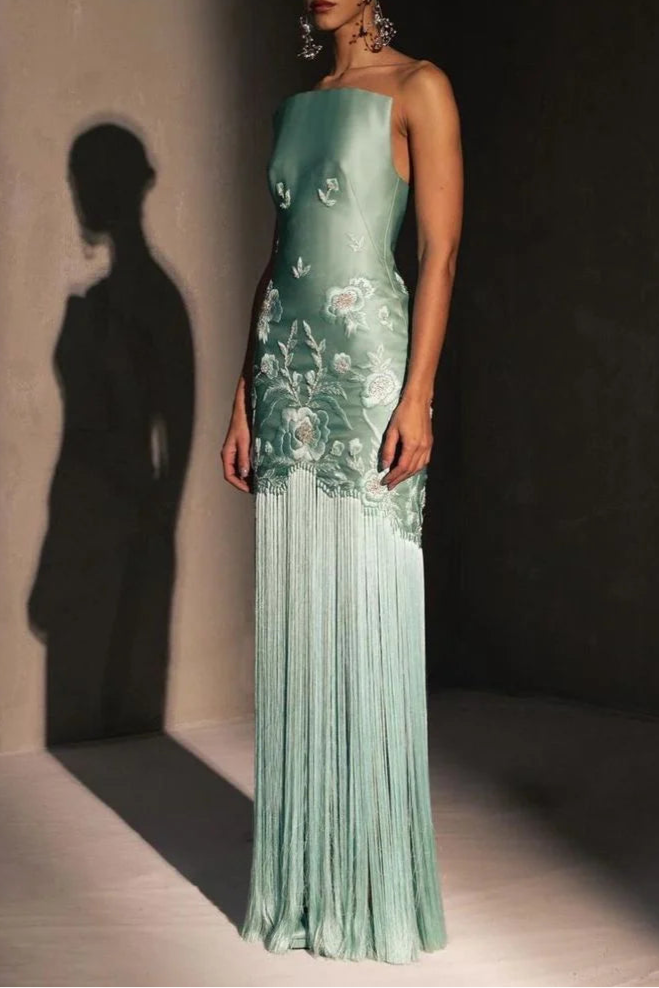 Fancy Green Satin Strapless Fringe Hem Long Prom Dress Evening Dress With Floral Embroidery