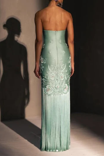 Fancy Green Satin Strapless Fringe Hem Long Prom Dress Evening Dress With Floral Embroidery