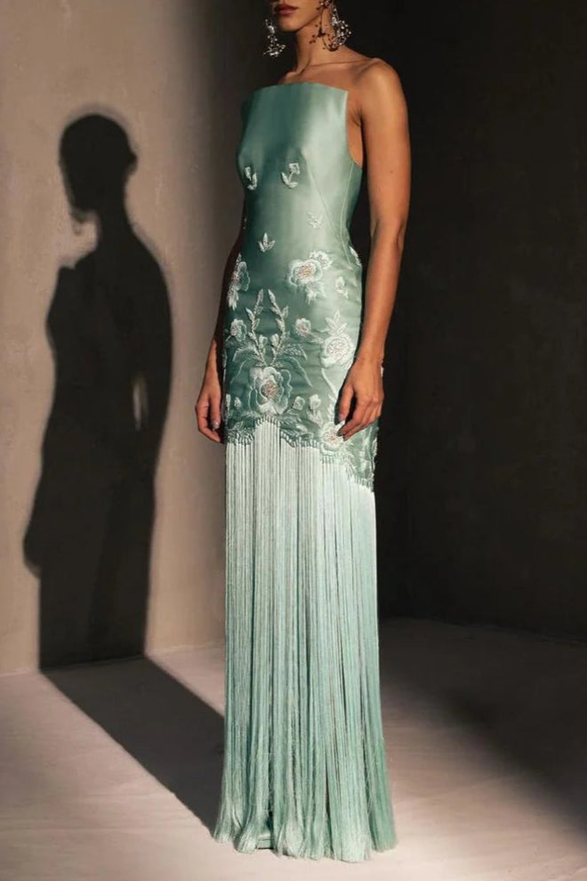 Fancy Green Satin Strapless Fringe Hem Long Prom Dress Evening Dress With Floral Embroidery