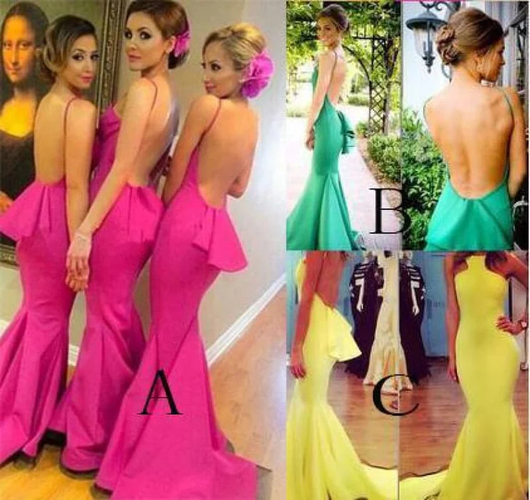 Fascinating Sexy Fuchsia Spaghetti Straps Backless Mermaid Bridesmaid Dress With Train