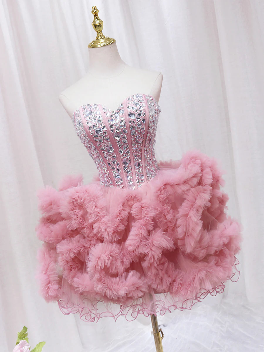 Fashionable Pink Tulle Sweetheart Neckline Tiered Short Prom Dress Party Dress