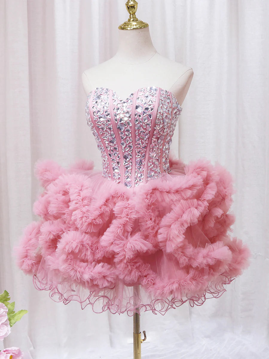 Fashionable Pink Tulle Sweetheart Neckline Tiered Short Prom Dress Party Dress