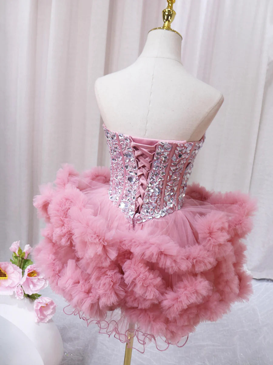 Fashionable Pink Tulle Sweetheart Neckline Tiered Short Prom Dress Party Dress