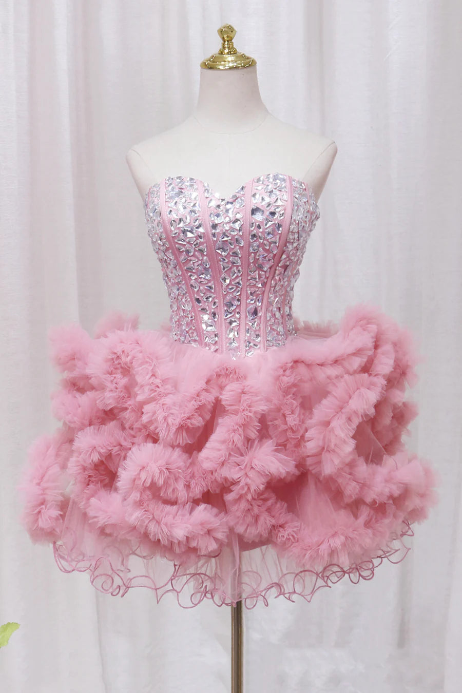 Fashionable Pink Tulle Sweetheart Neckline Tiered Short Prom Dress Party Dress