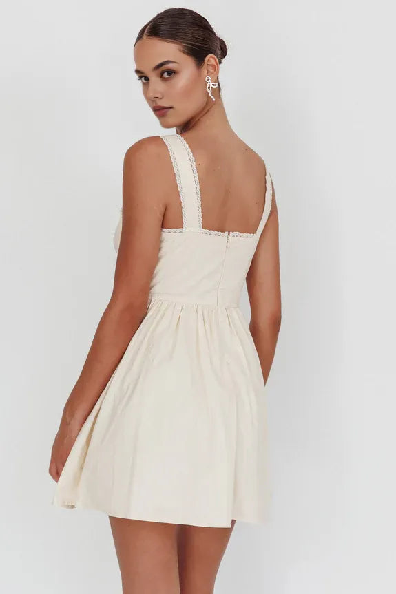 Flared Sleeveless Corset Bodice Bow Lace Tie Cream Mini Homecoming Dress