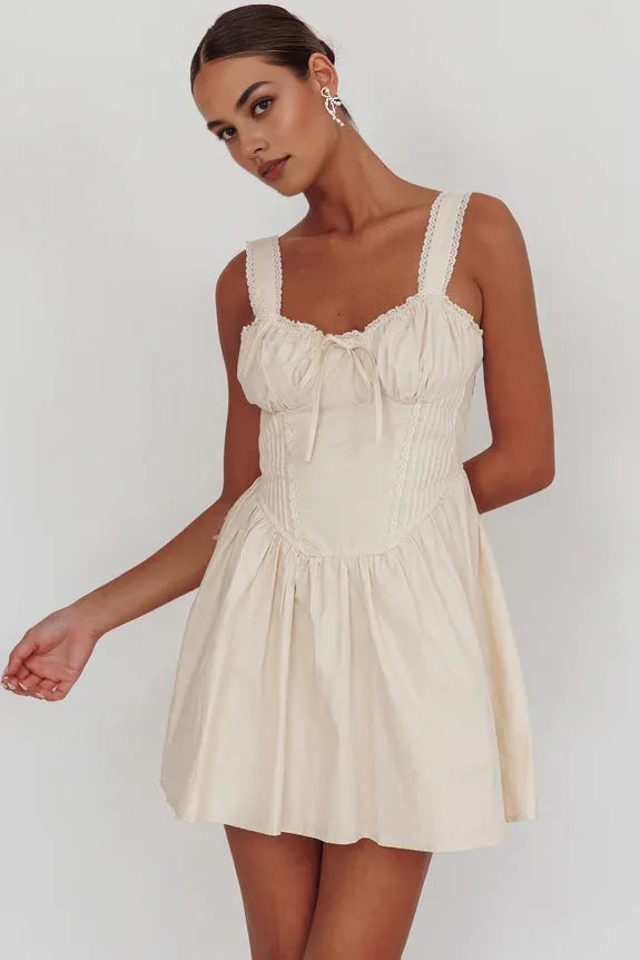 Flared Sleeveless Corset Bodice Bow Lace Tie Cream Mini Homecoming Dress