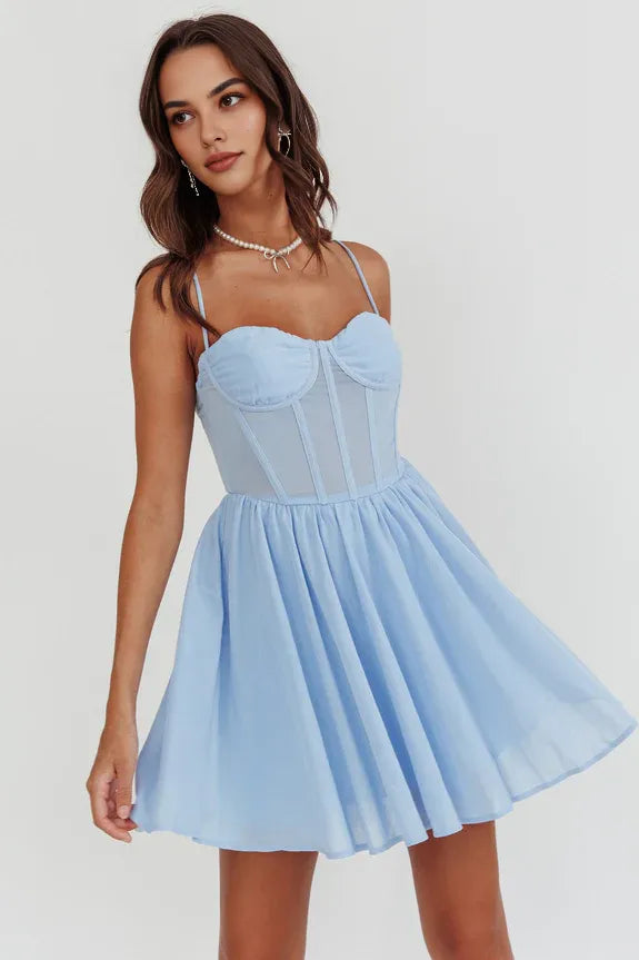 Flared Spaghetti Straps High Bustier Bodycon Powder Blue Mini Homecoming Dress