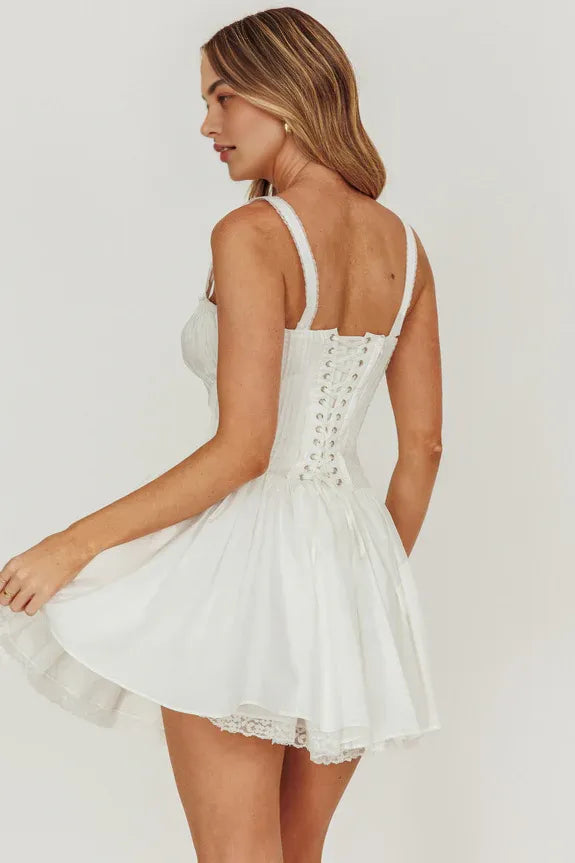 Flared Square Neck Corset Lace Tie Off White Mini Homecoming Dress