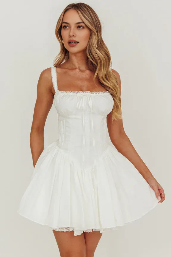 Flared Square Neck Corset Lace Tie Off White Mini Homecoming Dress