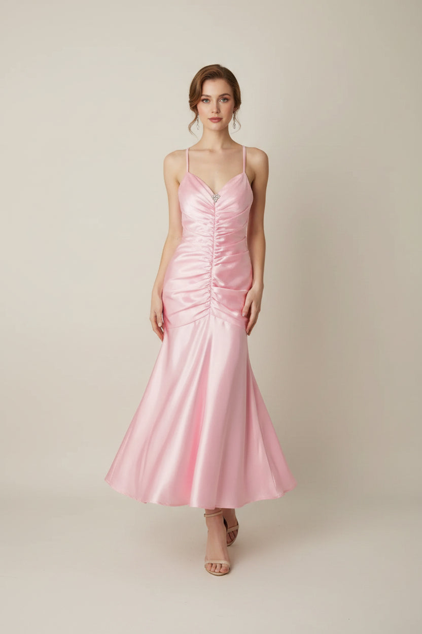 Flirty Mermaid Spaghetti Straps Ruched Pink Tea-Length Prom Dress For Sale