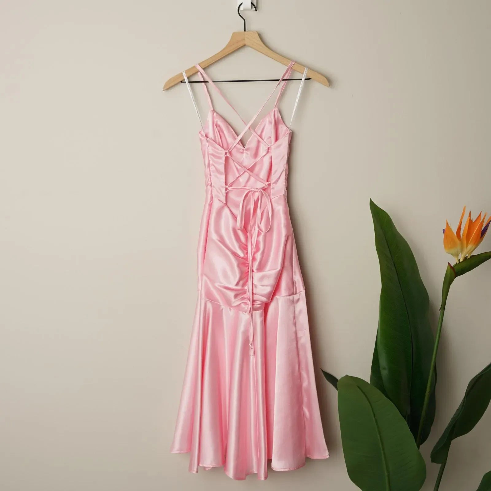 Flirty Mermaid Spaghetti Straps Ruched Pink Tea-Length Prom Dress For Sale