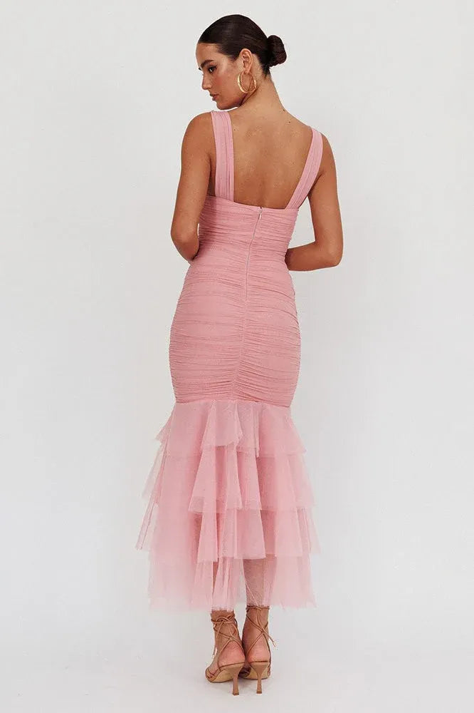 Flirty Mermaid V Neck Ruched Tiered Mesh Pink Midi Prom Dress For Women