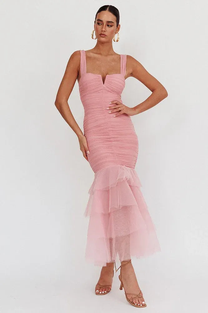 Flirty Mermaid V Neck Ruched Tiered Mesh Pink Midi Prom Dress For Women
