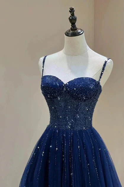 Floor Length A-Line Beaded Dark Blue Strappy Tulle Ball Gown Evening Dress