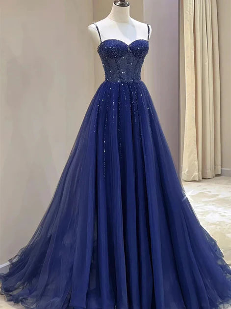 Floor Length A-Line Beaded Dark Blue Strappy Tulle Ball Gown Evening Dress
