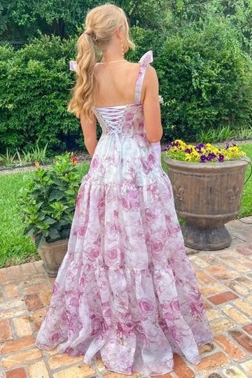 Floor Length A-Line Straps Sweetheart Empire-Waist Print Long Satin Prom Dress
