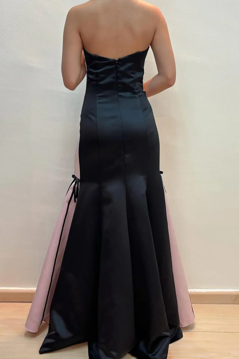 Floor Length Black Strapless Sleeveless A-Line Scoop Satin Long Prom Formal Dress
