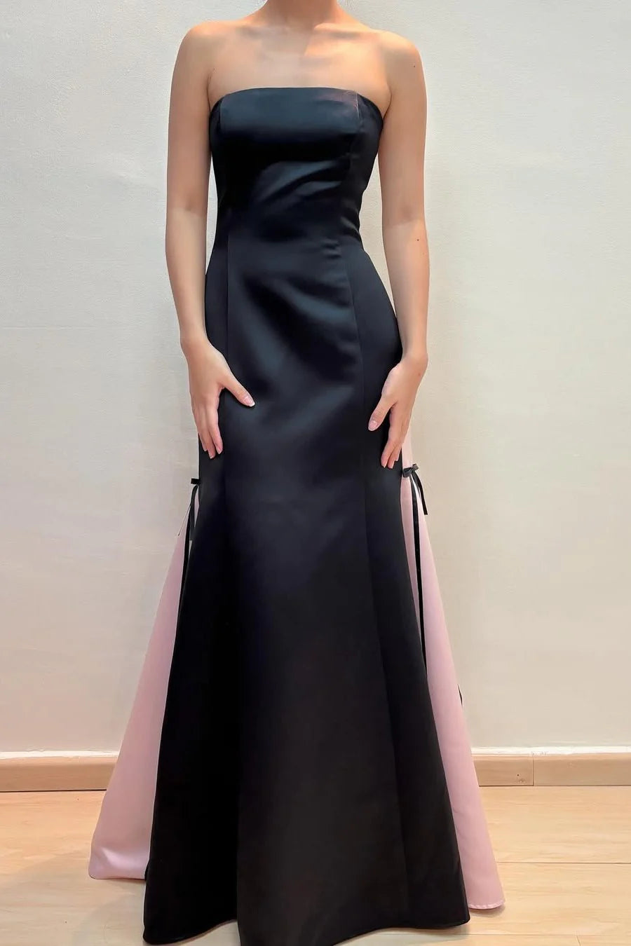 Floor Length Black Strapless Sleeveless A-Line Scoop Satin Long Prom Formal Dress