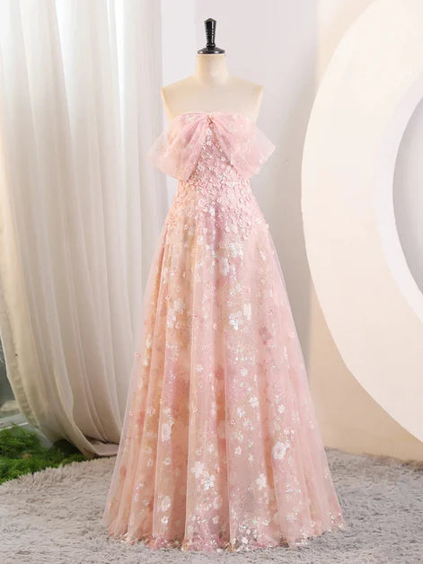 Floor Length Lovely Pink Tulle and Lace Applique A-line Off Shoulder Party Dress Prom Dress