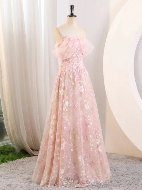 Floor Length Lovely Pink Tulle and Lace Applique A-line Off Shoulder Party Dress Prom Dress