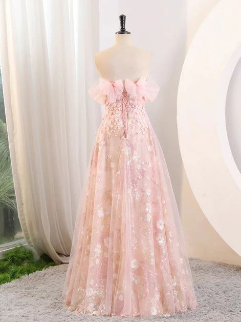 Floor Length Lovely Pink Tulle and Lace Applique A-line Off Shoulder Party Dress Prom Dress