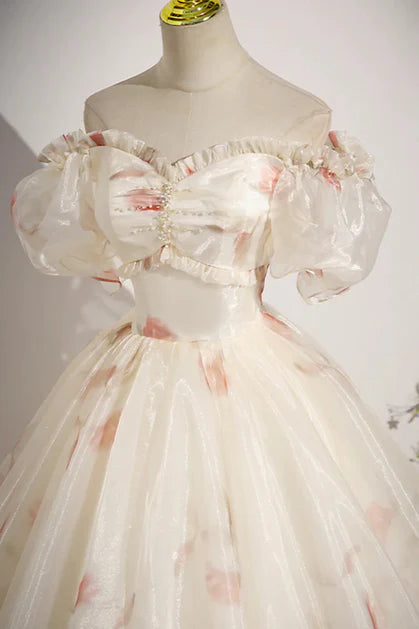 Floral Beaded Short Sleeves A-line Long Party Dress Prom Dress Evening Gown