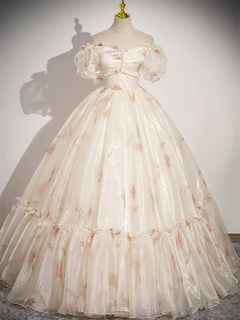 Floral Beaded Short Sleeves A-line Long Party Dress Prom Dress Evening Gown