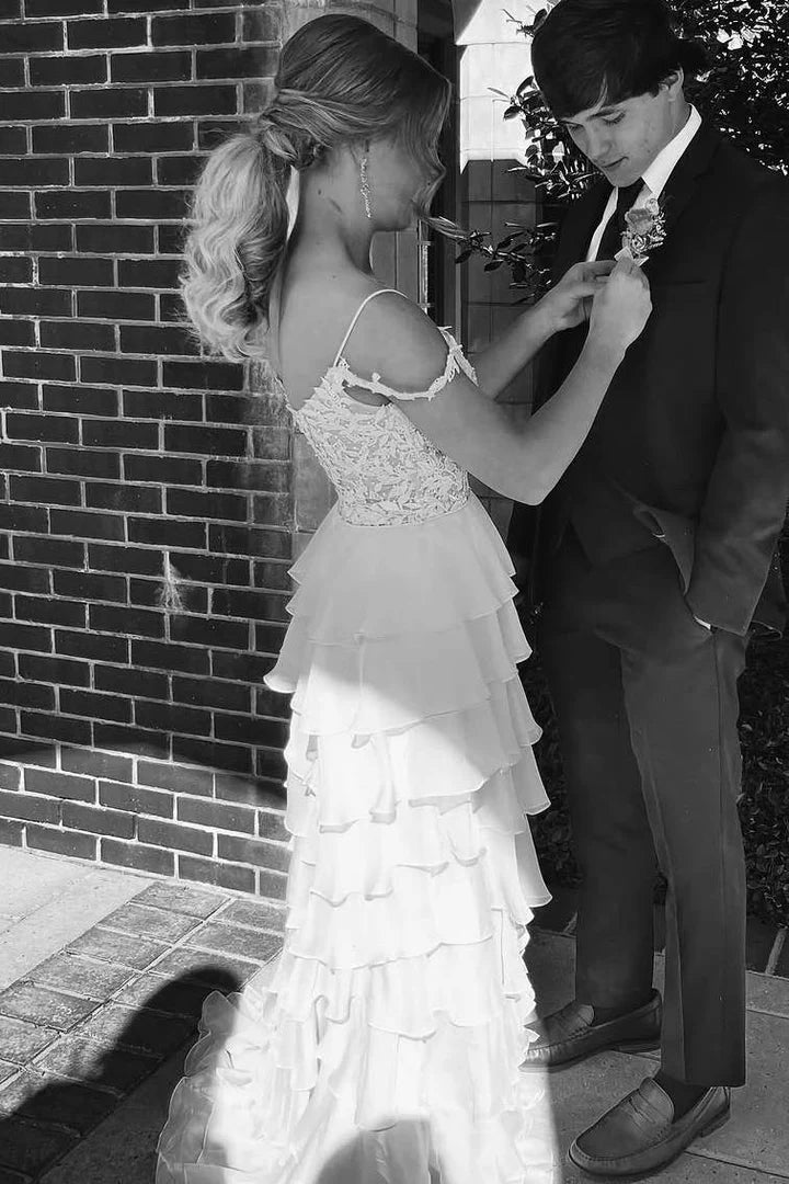 Floral Lace A-Line Empire-Waist Cold Shoulder Tiered Chiffon Prom Dress Long