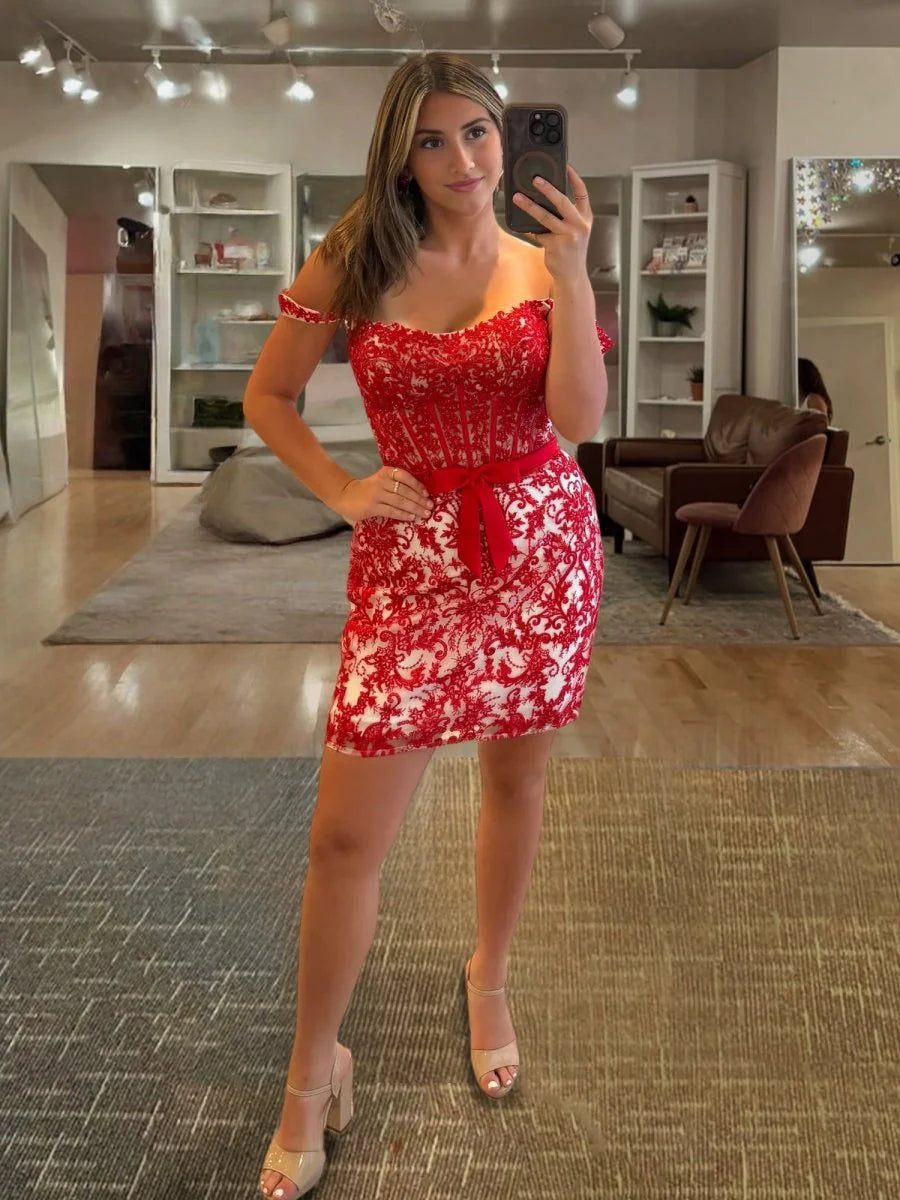 Floral Lace Bodycon Off the Shoulder Beaded Appliques Homecoming Dresses With Bow