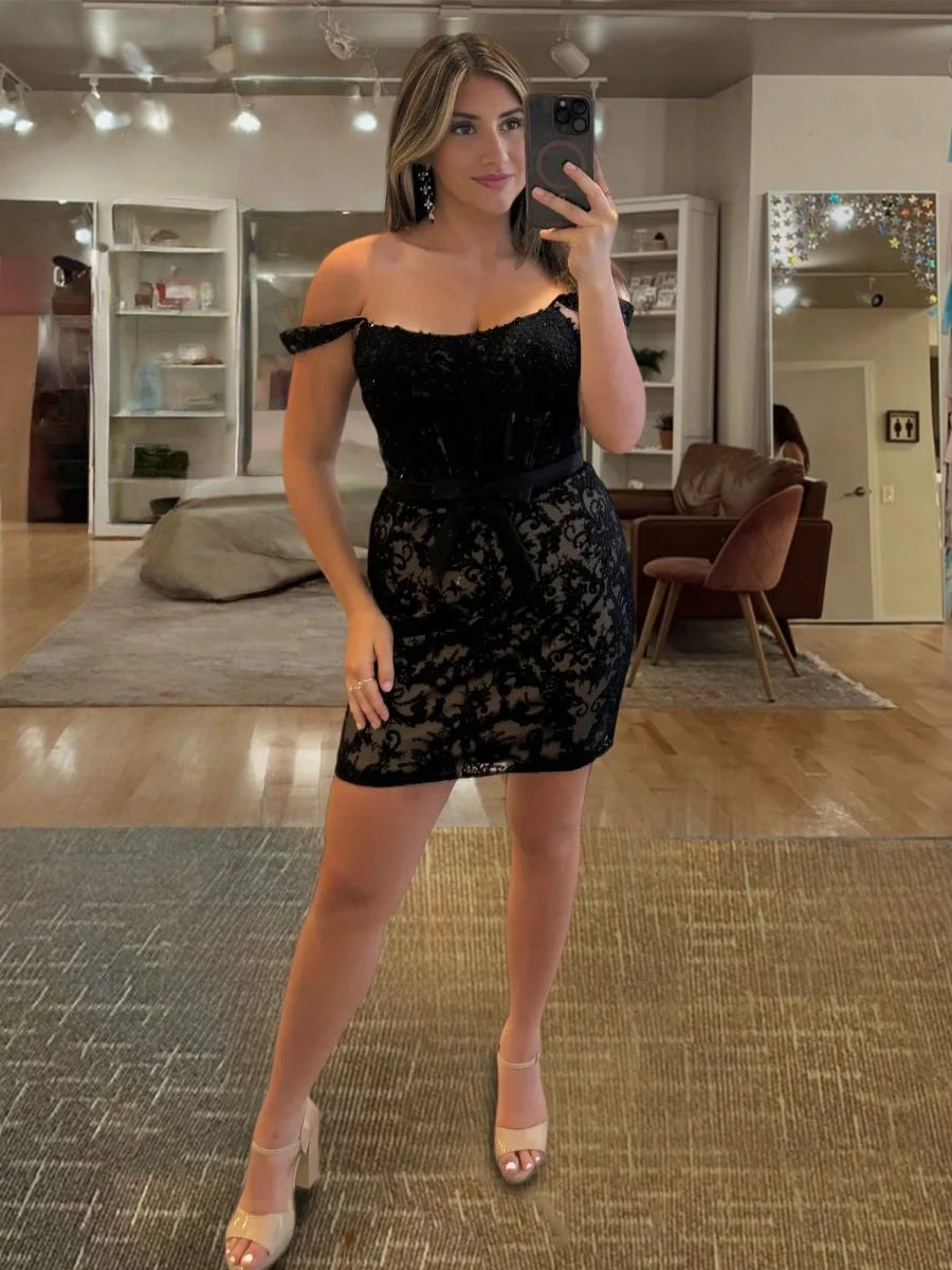 Floral Lace Bodycon Off the Shoulder Beaded Appliques Homecoming Dresses With Bow