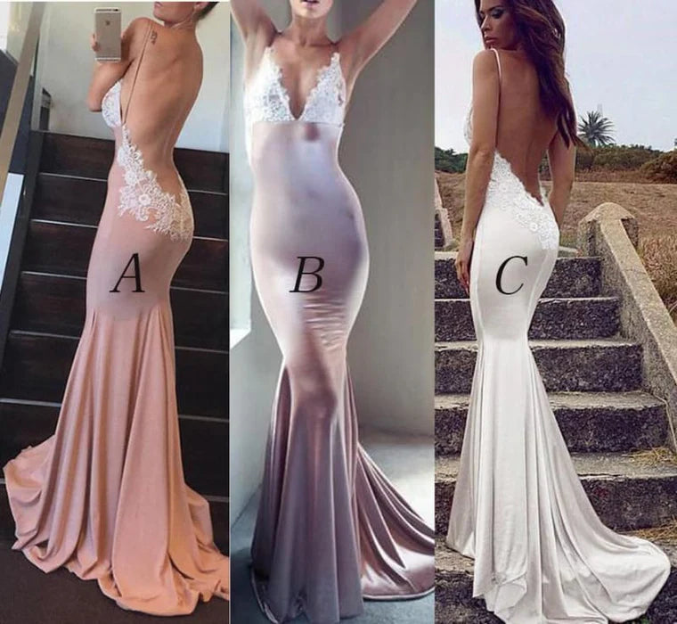 Floral Lace Mermaid V-neck Spaghetti Straps Backless Long Bridesmaid Dress Party Dresses