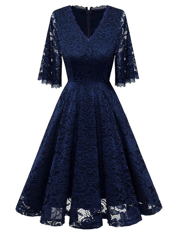Floral Lace V-neck Bell Sleeve A-line Knee Length Bridesmaid Dress Short Sleeves Homecoming Dress