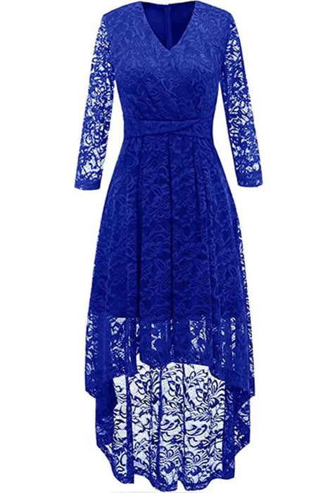 Floral Lace V Neck Long Sleeves Bridesmaid Dress High Low Cocktail Party Dress For Women