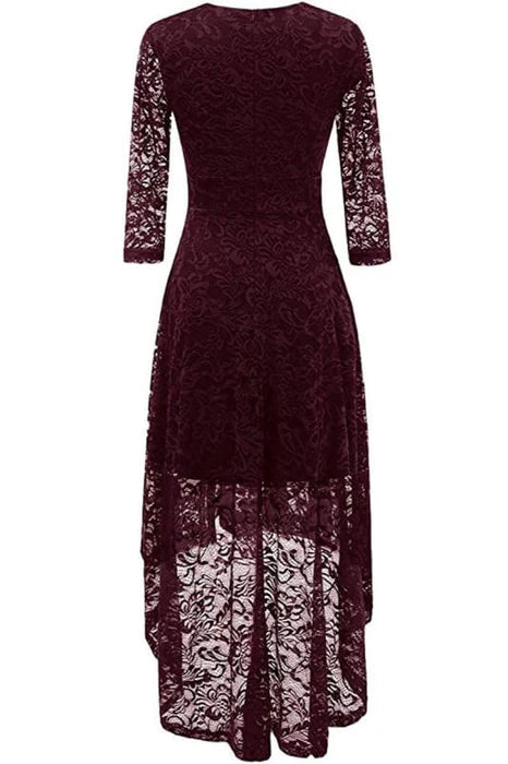 Floral Lace V Neck Long Sleeves Bridesmaid Dress High Low Cocktail Party Dress For Women