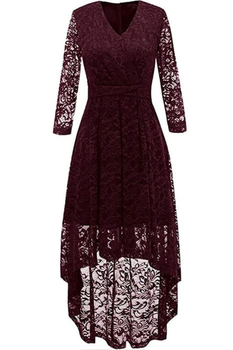 Floral Lace V Neck Long Sleeves Bridesmaid Dress High Low Cocktail Party Dress For Women
