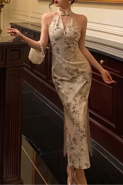 Floral Satin Sheath Straps Halter Cut Out Prom Dresses Birthday Outfits Evening Dresses