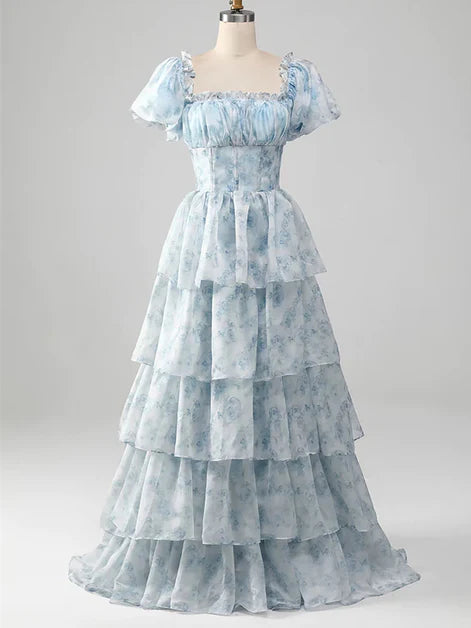 Floral Square Neck Puff Sleeves Layered A-line Long Party Dress Prom Dress Evening Dress