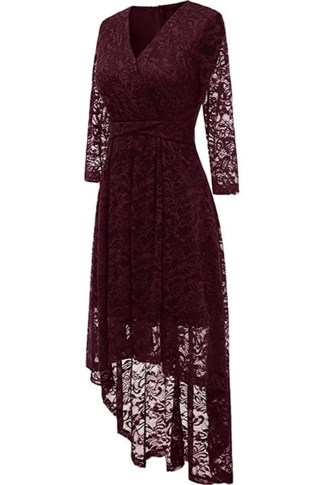 Floral Lace V Neck Long Sleeves Bridesmaid Dress High Low Cocktail Party Dress For Women