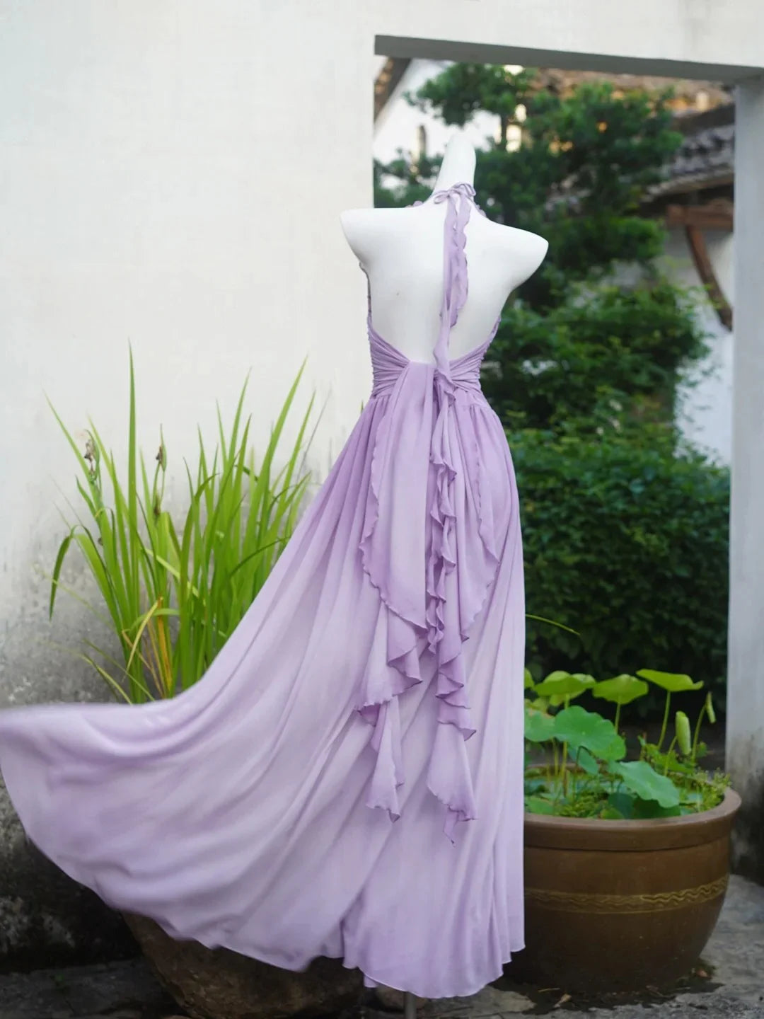 Flowing Purple Chiffon Halter V Neck Backless Ruffle Long Prom Dress Affordable Chiffon Party Dresses