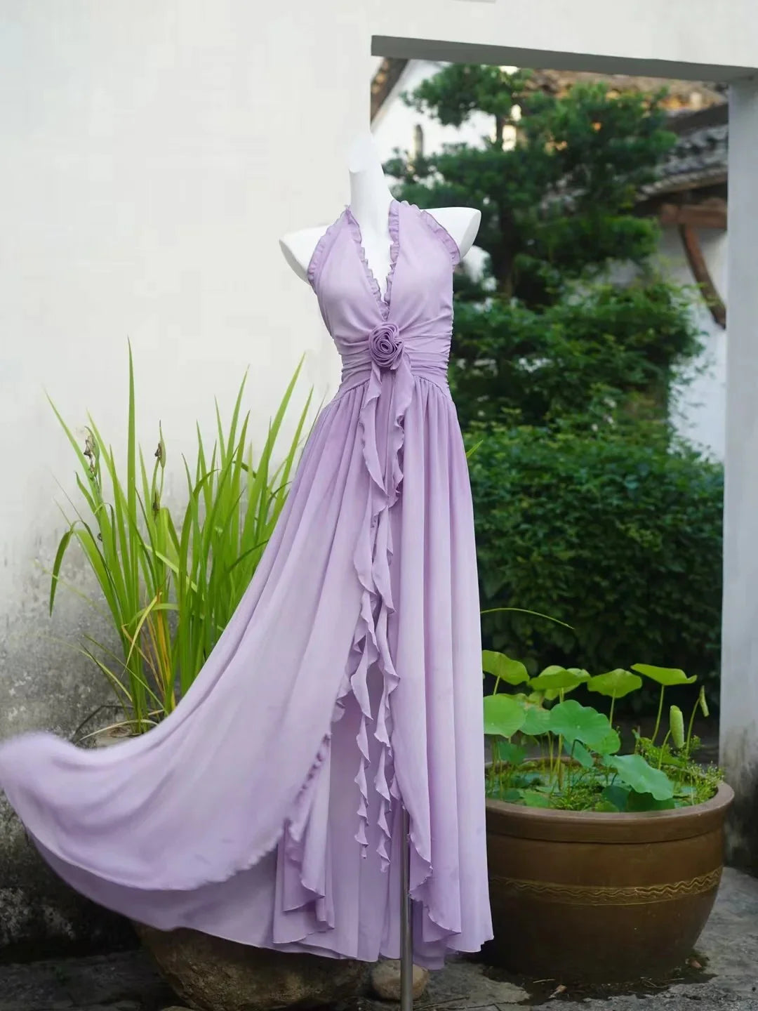 Flowing Purple Chiffon Halter V Neck Backless Ruffle Long Prom Dress Affordable Chiffon Party Dresses