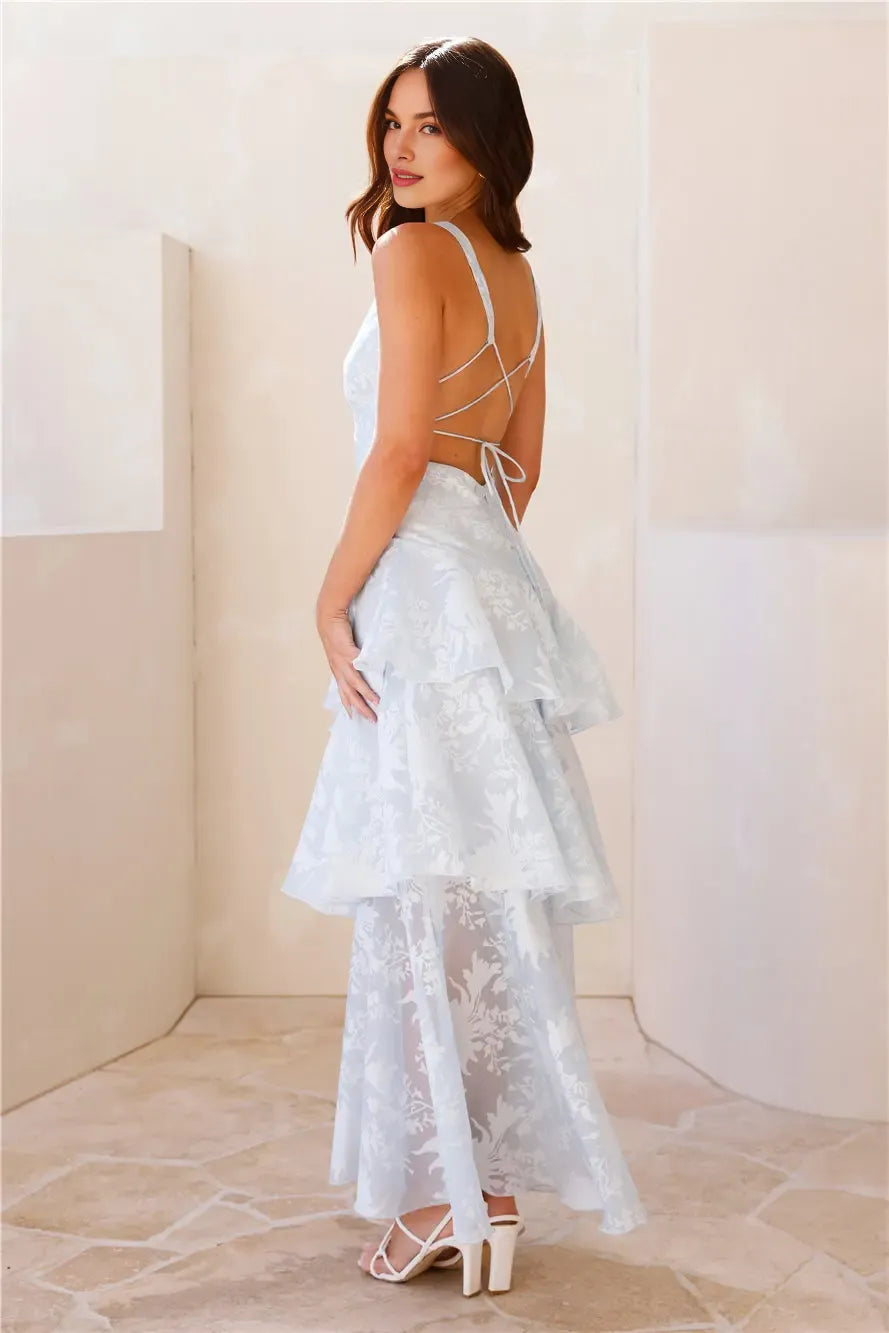 Flowy A-line Deep V Neck Tiered Ruffle Blue Maxi Prom Dress With Crisscross Back
