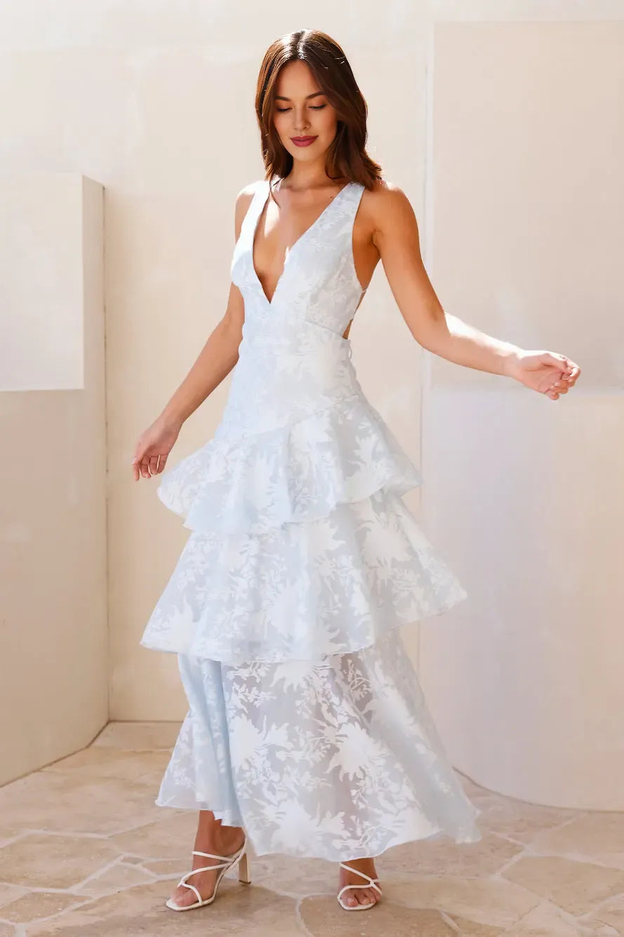 Flowy A-line Deep V Neck Tiered Ruffle Blue Maxi Prom Dress With Crisscross Back