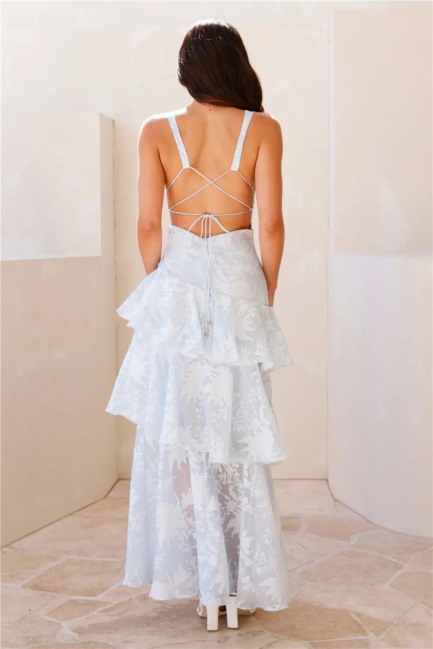 Flowy A-line Deep V Neck Tiered Ruffle Blue Maxi Prom Dress With Crisscross Back