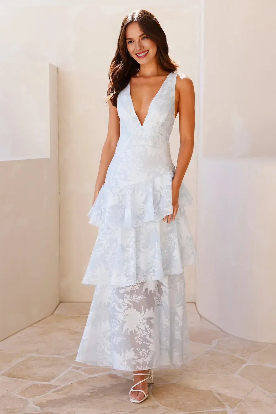 Flowy A-line Deep V Neck Tiered Ruffle Blue Maxi Prom Dress With Crisscross Back