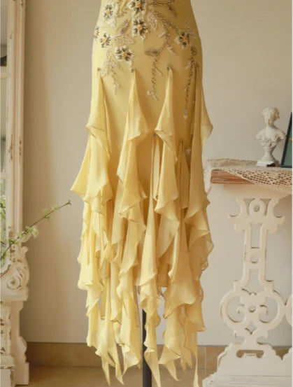 Flowy Yellow Chiffon With Beaded Spaghetti Straps Lace-Up Back Jellyfish Skirt Prom Dress