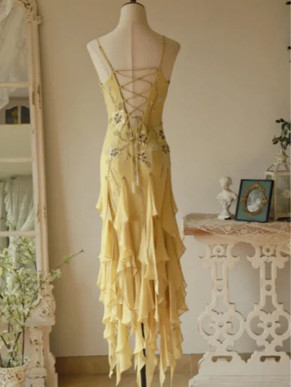 Flowy Yellow Chiffon With Beaded Spaghetti Straps Lace-Up Back Jellyfish Skirt Prom Dress