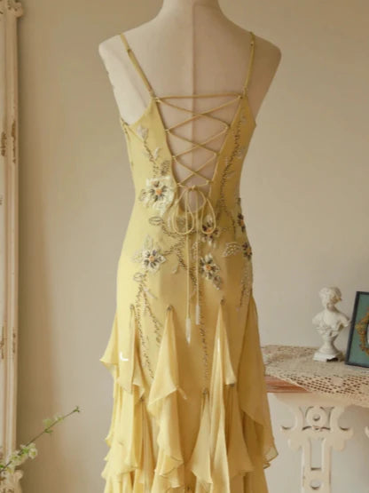 Flowy Yellow Chiffon With Beaded Spaghetti Straps Lace-Up Back Jellyfish Skirt Prom Dress