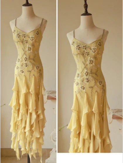 Flowy Yellow Chiffon With Beaded Spaghetti Straps Lace-Up Back Jellyfish Skirt Prom Dress