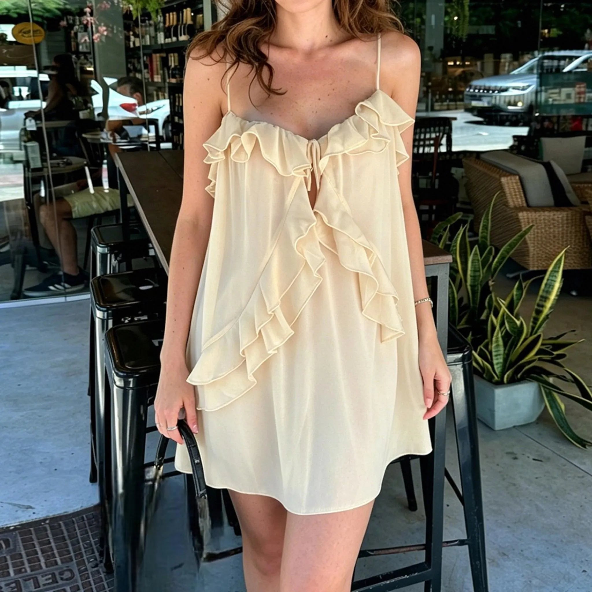 Flowy A-Line Spaghetti Strap Ruffled Tie-Front Cream Mini Homecoming Dresses